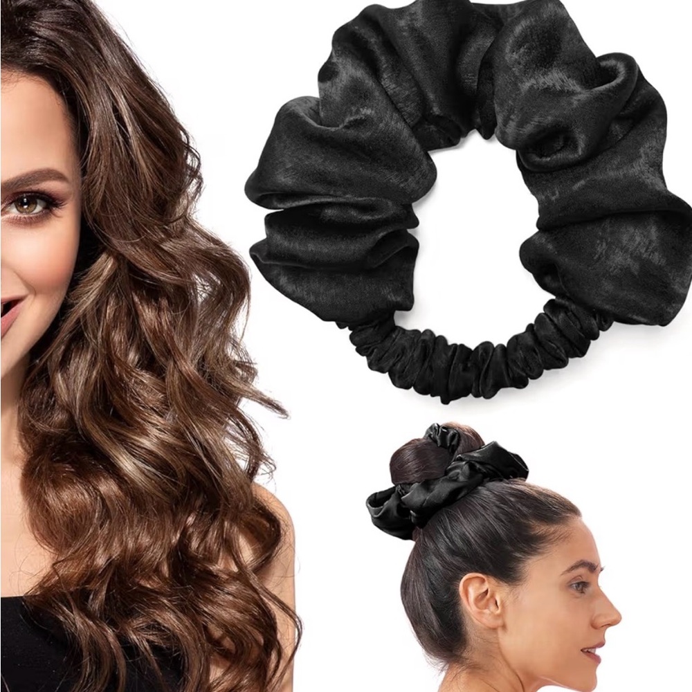 Blinkeen Black Satin Hair Scrunchie –Heatless Curling Curler to Sleep